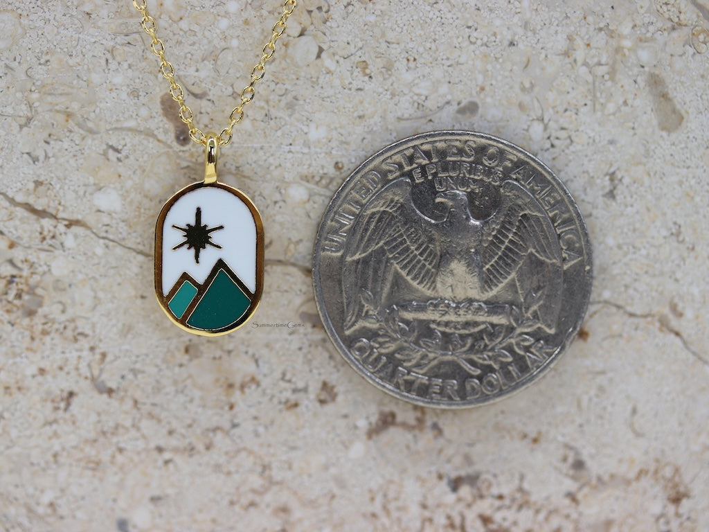STG 18K Gold Plated Enamel Oval Mountain Range Coin Pendant Necklace – Adventure-Inspired Outdoor Jewelry