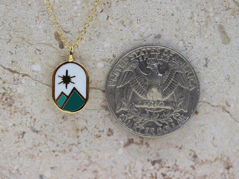 STG 18K Gold Plated Enamel Oval Mountain Range Coin Pendant Necklace – Adventure-Inspired Outdoor Jewelry