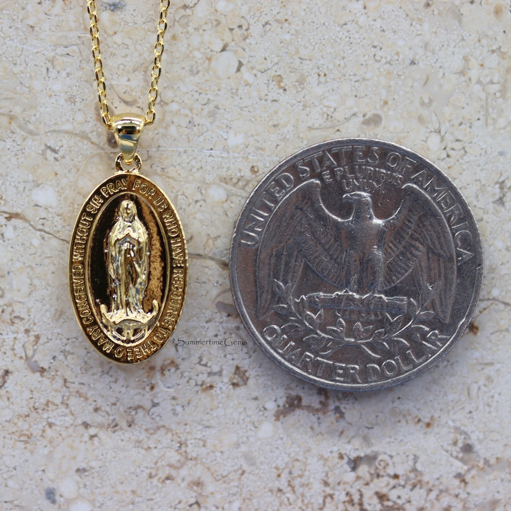 STG 18K Gold Plated Virgin Mary Oval Pendant Necklace – Elegant Religious Jewelry for Faith & Protection