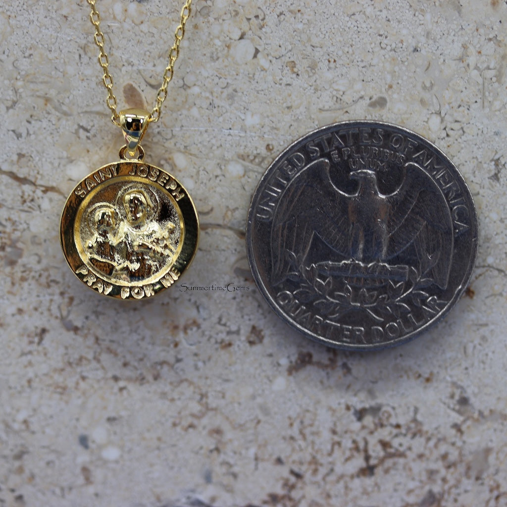STG 18K Gold Plated St. Joseph Coin Pendant Necklace – Catholic Medal Jewelry for Protection, Faith & Fatherly Strength