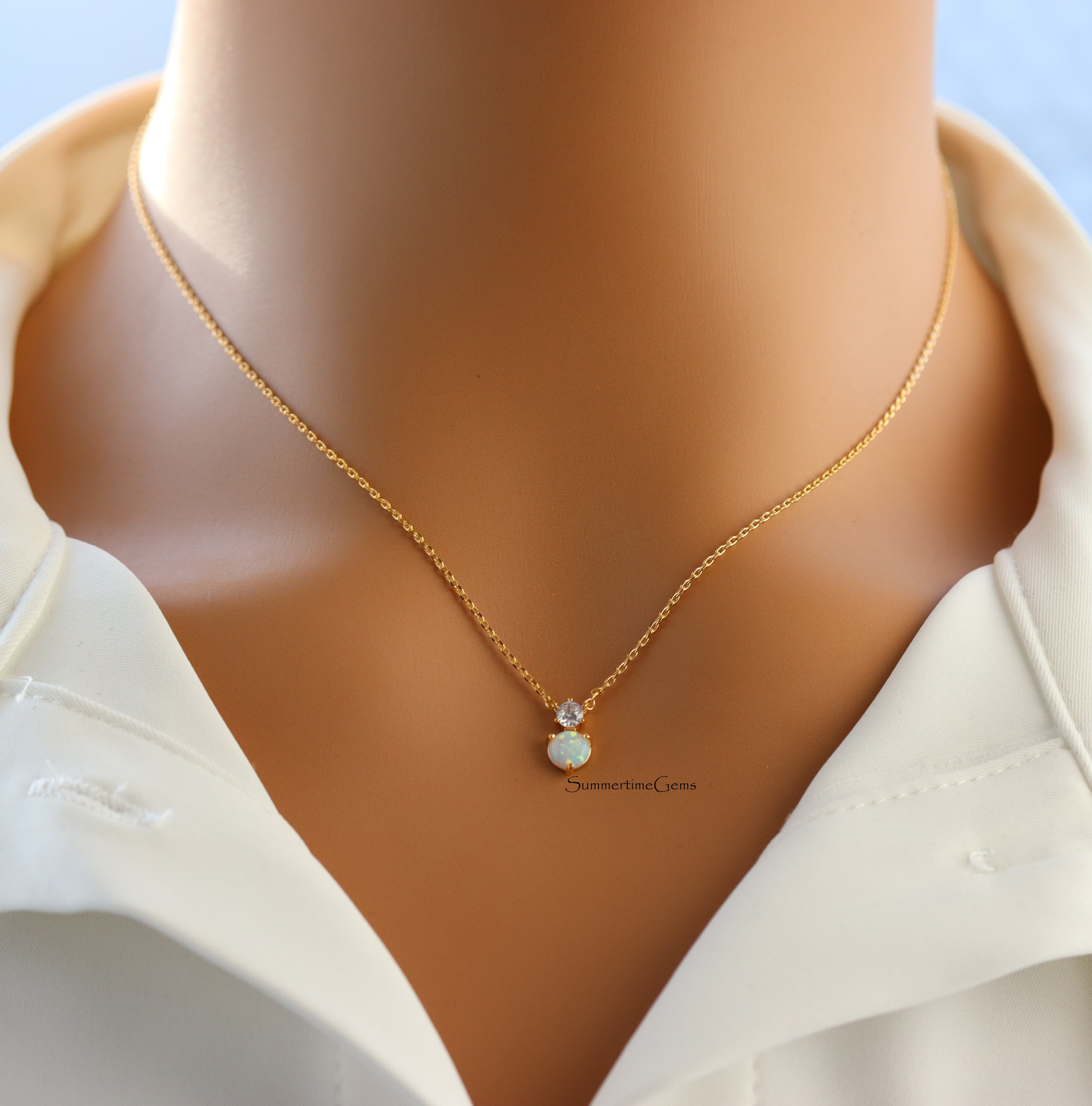 STG 18K Gold Plated October Opal Gem Birthstone Pendant Necklace – Stunning October Birthstone Jewelry