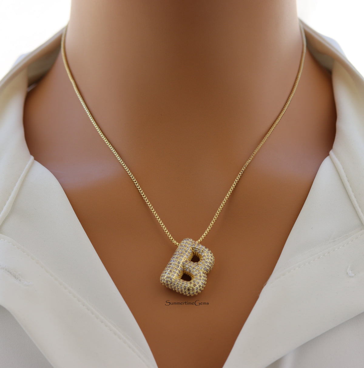 STG Pave Bubble Initial "B" Pendant Necklace – Trendy 100% Alloy Letter Necklace with Sparkling Rhinestones for Custom Style