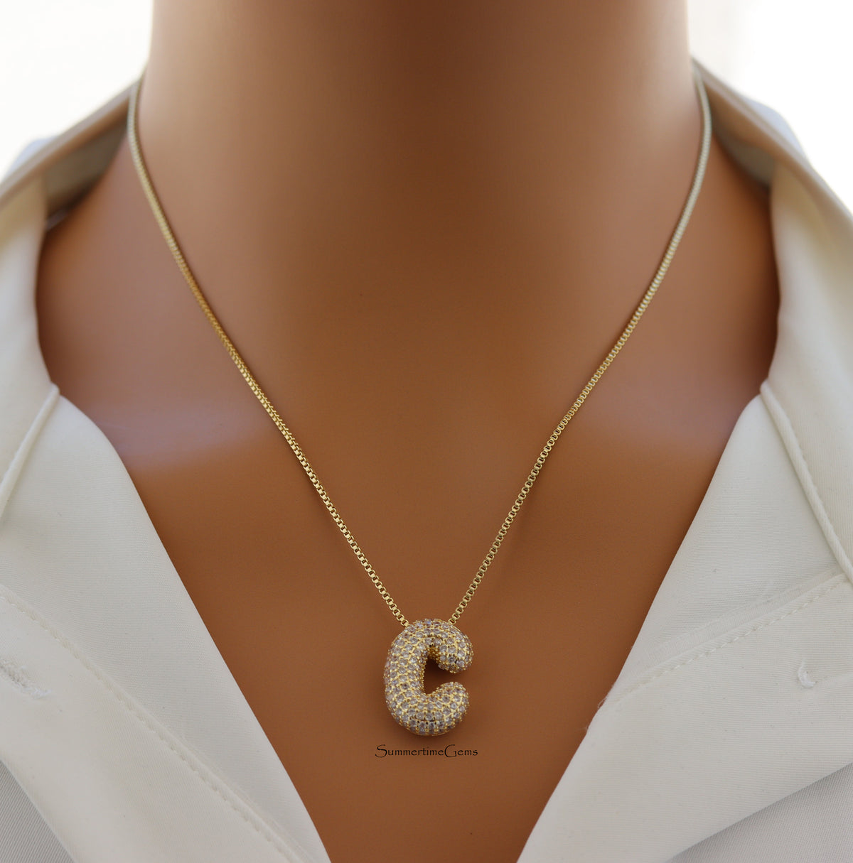 STG Pave Bubble Initial "C" Pendant Necklace – Trendy 100% Alloy Rhinestone Letter Necklace for Personalized Glam