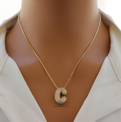 STG Pave Bubble Initial "C" Pendant Necklace – Trendy 100% Alloy Rhinestone Letter Necklace for Personalized Glam