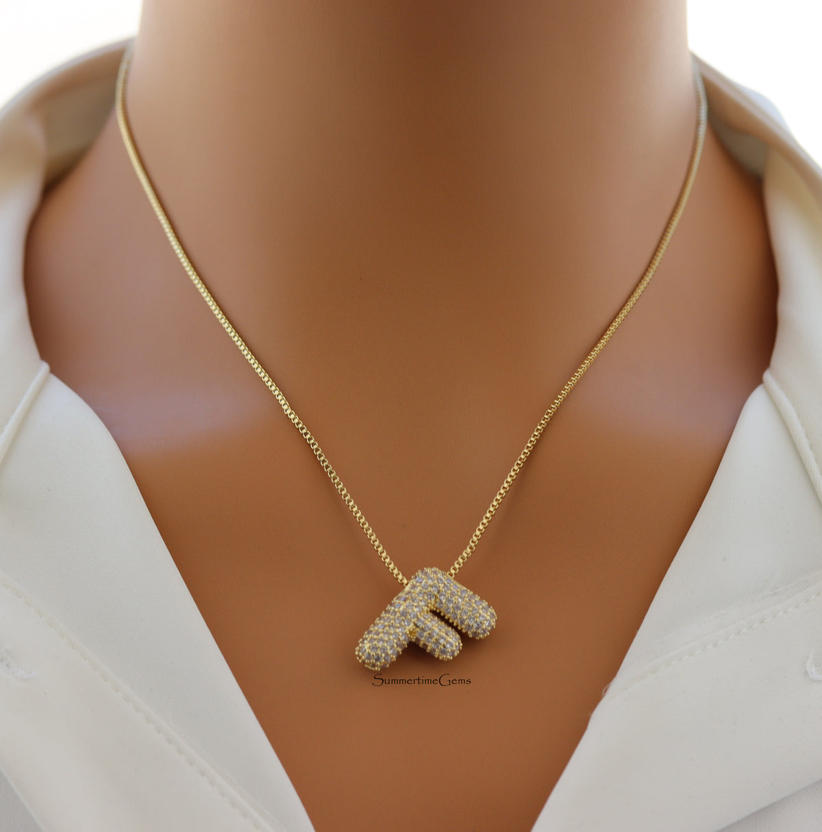 STG Pave Bubble Initial "F" Pendant Necklace – Trendy 100% Alloy Rhinestone Letter Necklace for Personalized Style