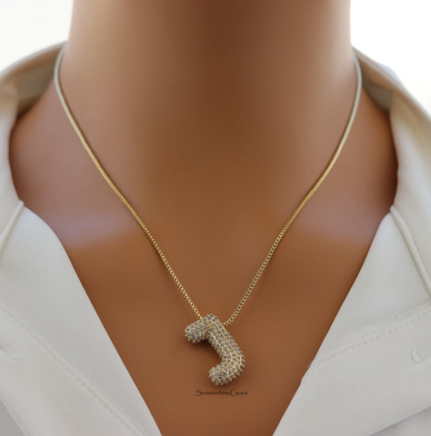 STG Pave Bubble Initial "J" Pendant Necklace – Trendy 100% Alloy Rhinestone Letter Necklace for Custom Sparkle & Style