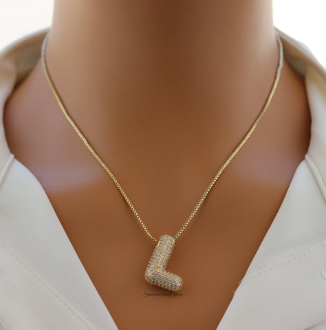 STG Pave Bubble Initial "L" Pendant Necklace – Trendy 100% Alloy Rhinestone Letter Necklace for Personalized Sparkle
