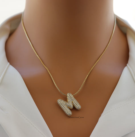 STG Pave Bubble Initial "M" Pendant Necklace – Trendy Rhinestone Letter Necklace in 100% Alloy for Bold Personalized Fashion