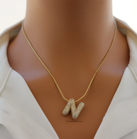 STG Pave Bubble Initial "N" Pendant Necklace – Sparkly 100% Alloy Custom Letter Necklace for Trendy Personalized Style