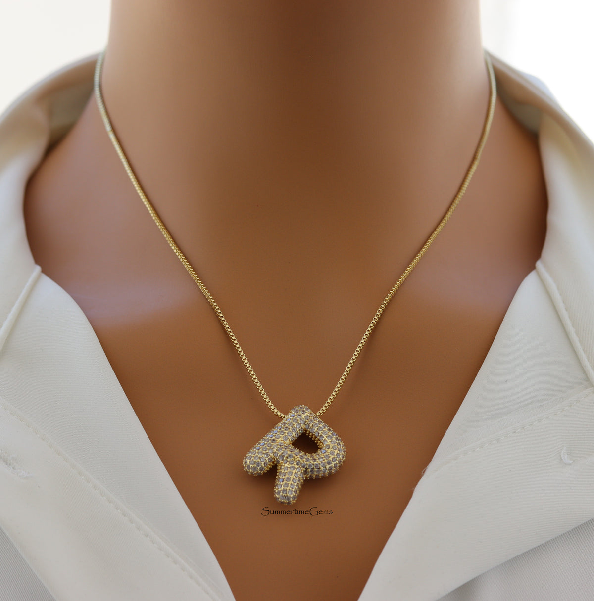STG Pave Bubble Initial "R" Pendant Necklace – 100% Alloy Rhinestone Letter Necklace for Bold, Personalized Glam