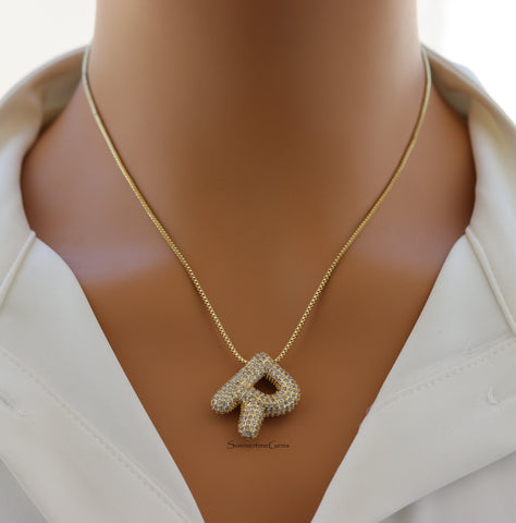 STG Pave Bubble Initial "R" Pendant Necklace – 100% Alloy Rhinestone Letter Necklace for Bold, Personalized Glam