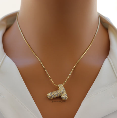 STG Pave Bubble Initial "T" Pendant Necklace – Sparkly 100% Alloy Rhinestone Letter Necklace for Personalized Statement Style