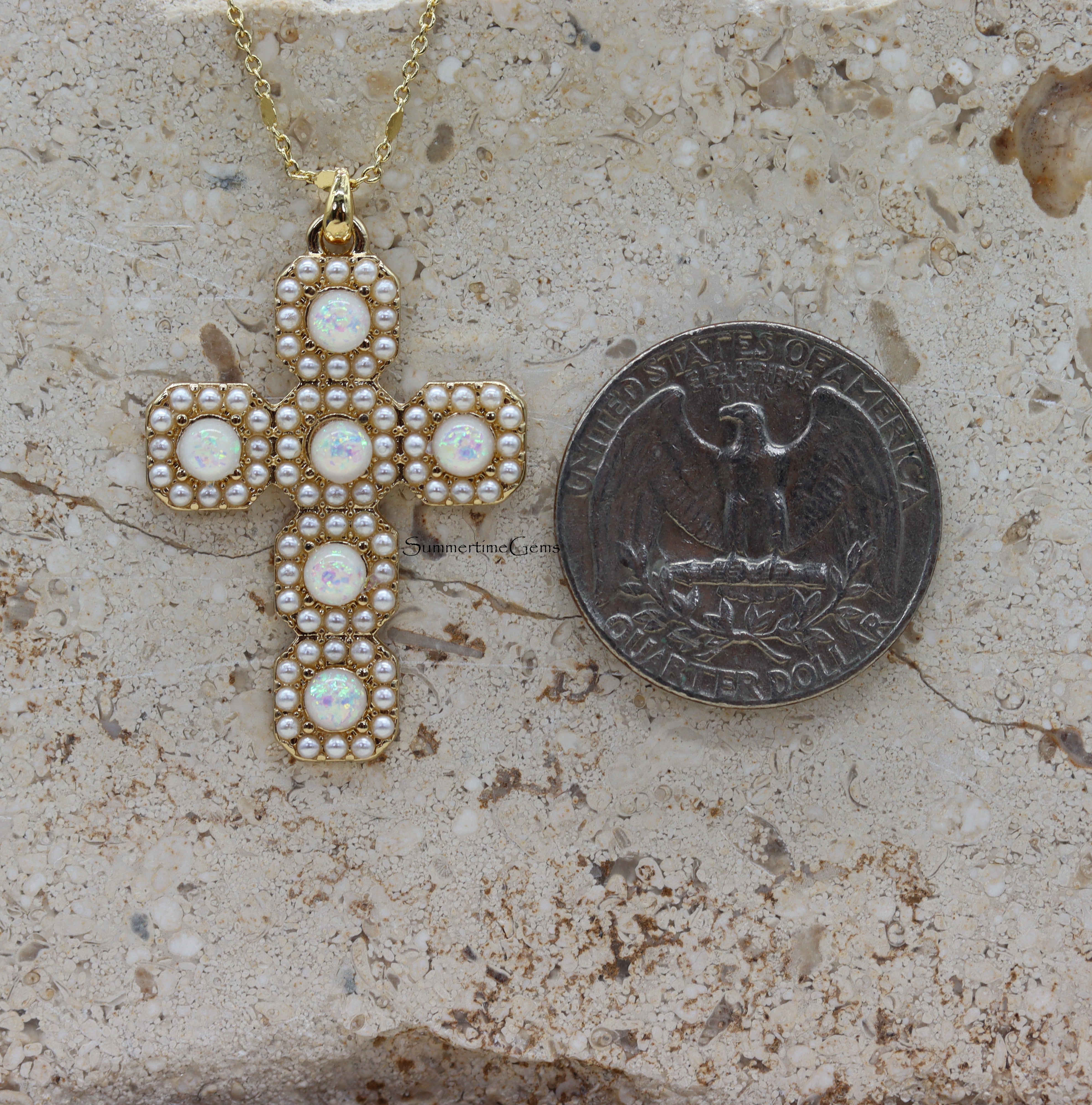 STG 14K Gold Plated Opal and Pearl Cross Pendant Necklace – Elegant Faith Jewelry with Iridescent Glow