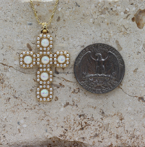 STG 14K Gold Plated Opal and Pearl Cross Pendant Necklace – Elegant Faith Jewelry with Iridescent Glow