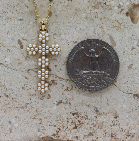 STG 14K Gold Plated Pearl Cross Pendant Necklace – Elegant Faith-Inspired Jewelry with Freshwater Pearl Accent