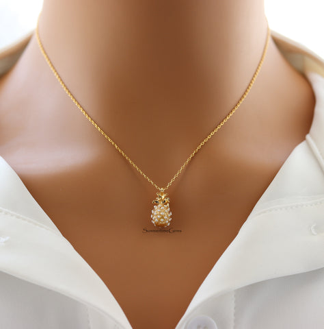 STG 18K Gold Plated Pearl Pineapple Pendant Necklace – Tropical-Inspired Dainty Jewelry for a Sweet Summer Look