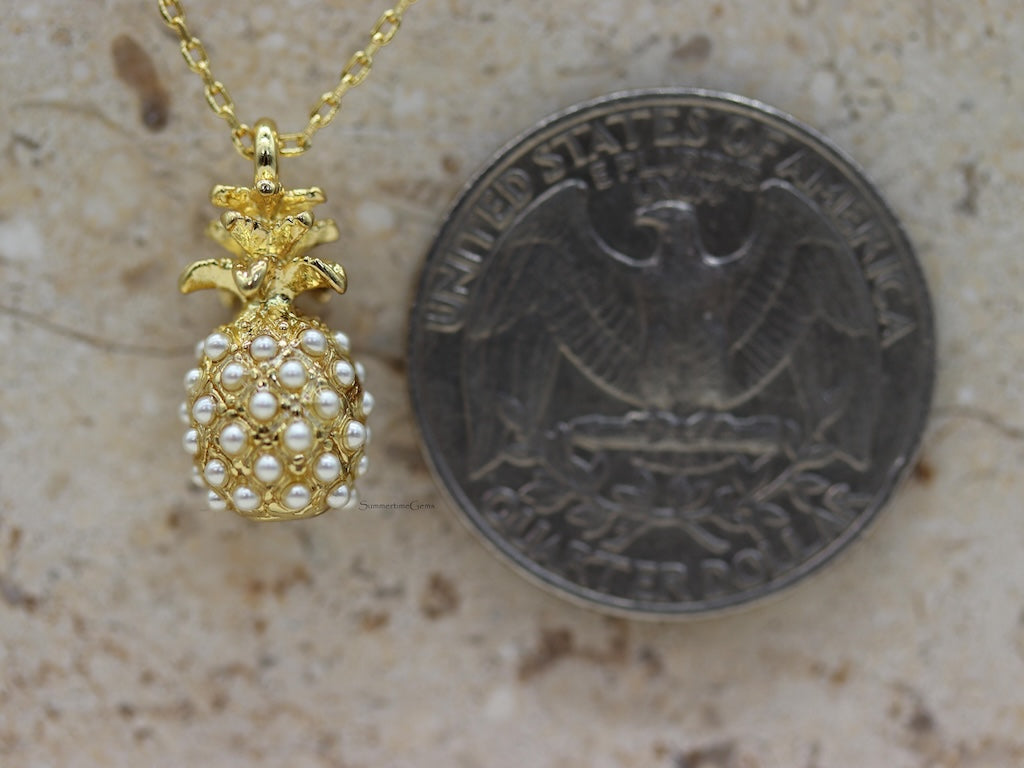 STG 18K Gold Plated Pearl Pineapple Pendant Necklace – Tropical-Inspired Dainty Jewelry for a Sweet Summer Look