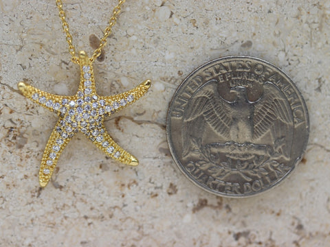 STG 18K Gold Plated Sparkly Crystal Starfish Pendant Necklace – Ocean-Inspired Beach Jewelry
