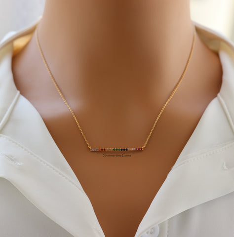 STG 18K Gold Plated Dainty Rainbow Bar Pendant Necklace – Colorful Minimalist Pride Jewelry