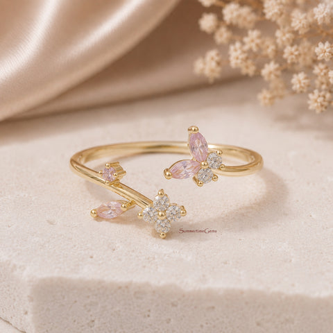 STG 18K Gold Dipped CZ Floral Butterfly Branch Open Ring – Adjustable Nature Inspired Statement Ring for Women
