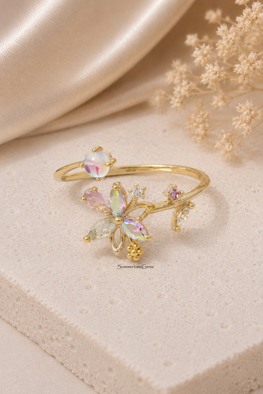 STG 18K Gold Dipped CZ Iridescent Butterfly Floral Open Ring – Adjustable Sparkly Statement Ring for Women