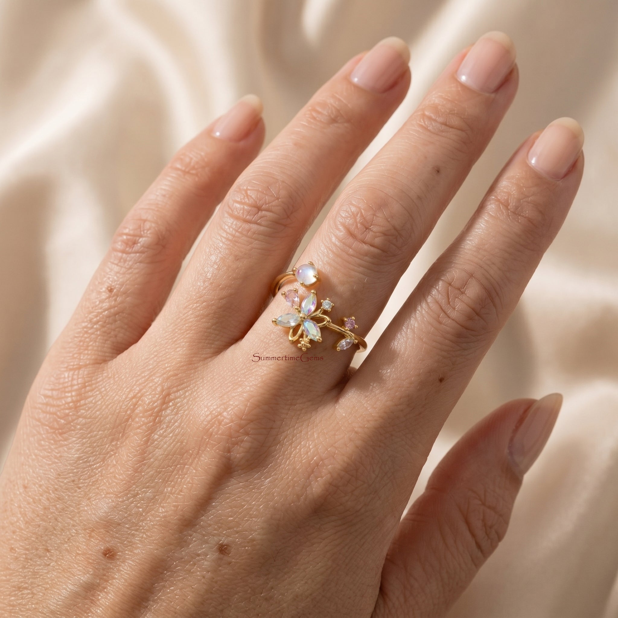STG 18K Gold Dipped CZ Iridescent Butterfly Floral Open Ring – Adjustable Sparkly Statement Ring for Women