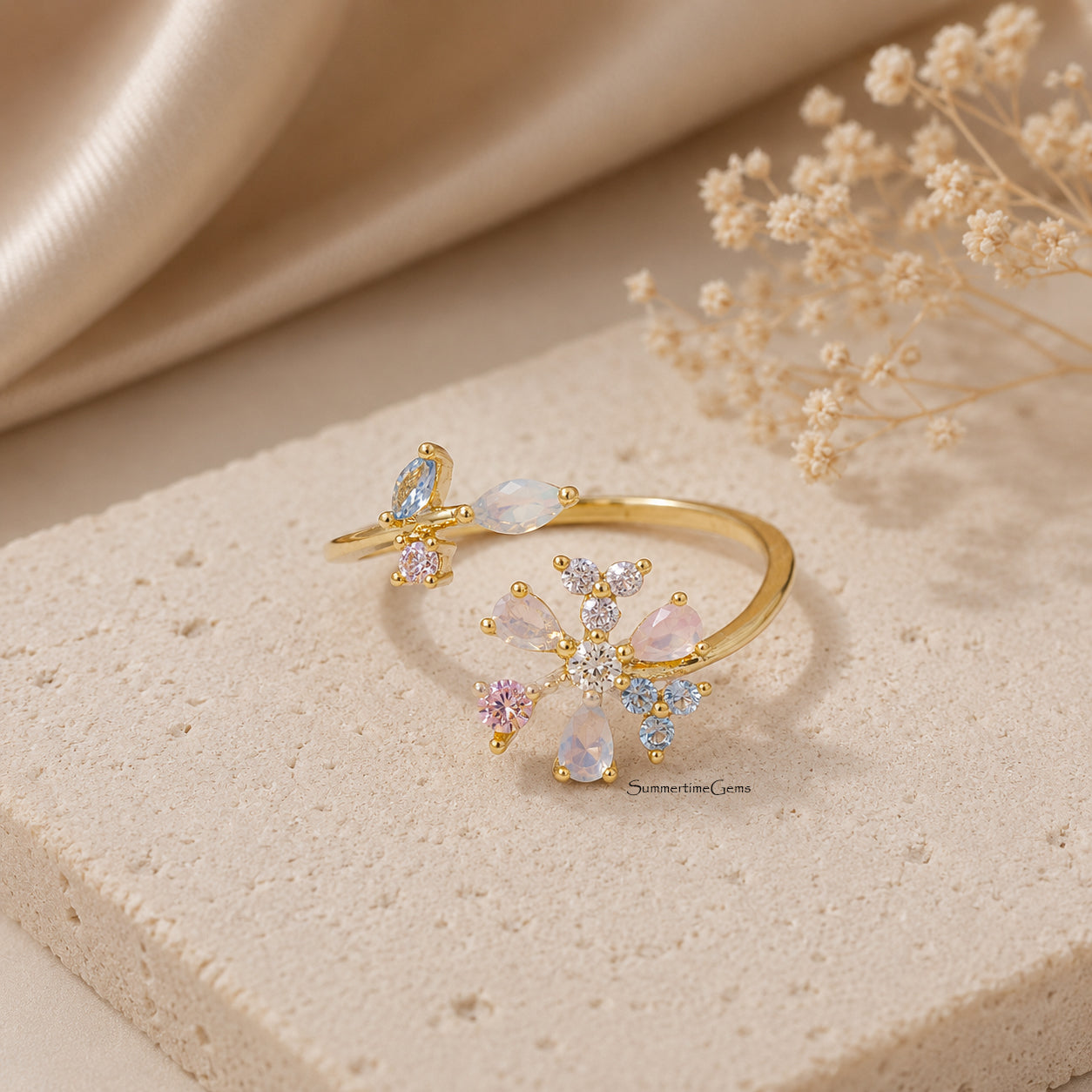 STG 18K Gold Dipped CZ Multicolor Floral Cluster Open Ring – Adjustable Statement Flower Ring for Women