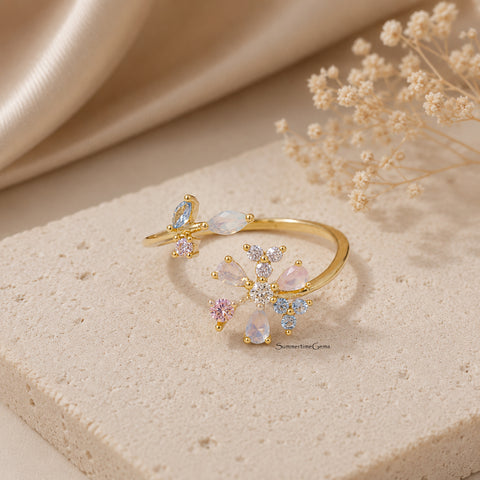 STG 18K Gold Dipped CZ Multicolor Floral Cluster Open Ring – Adjustable Statement Flower Ring for Women