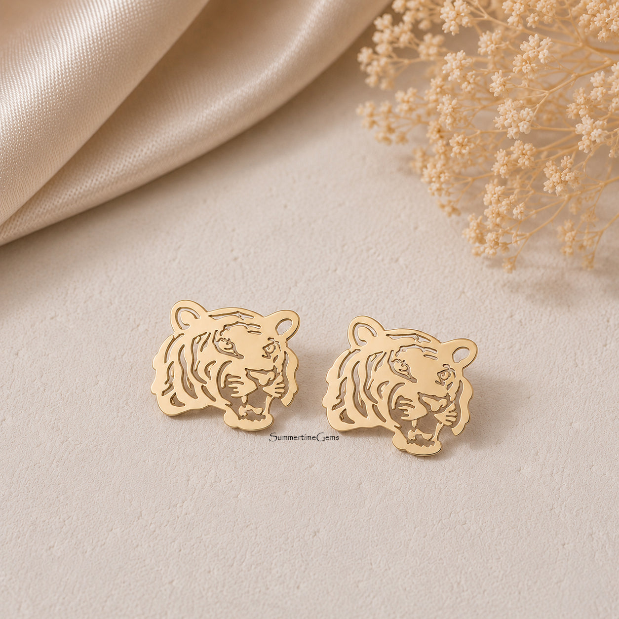 STG 14K Gold Dipped Tiger Head Stud Earrings – Bold Animal Statement Earrings for Women