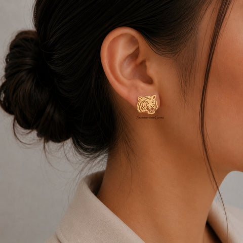 STG 14K Gold Dipped Tiger Head Stud Earrings – Bold Animal Statement Earrings for Women