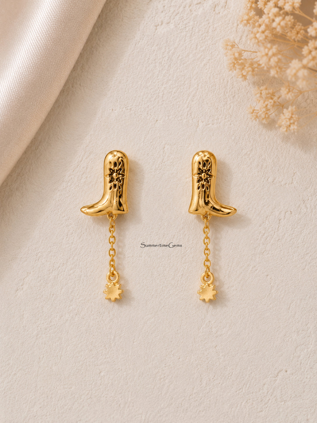 STG 14K Gold Dipped Western Cowboy Boot Charm Dangle Earrings – Trendy Cowgirl Statement Earrings for Women
