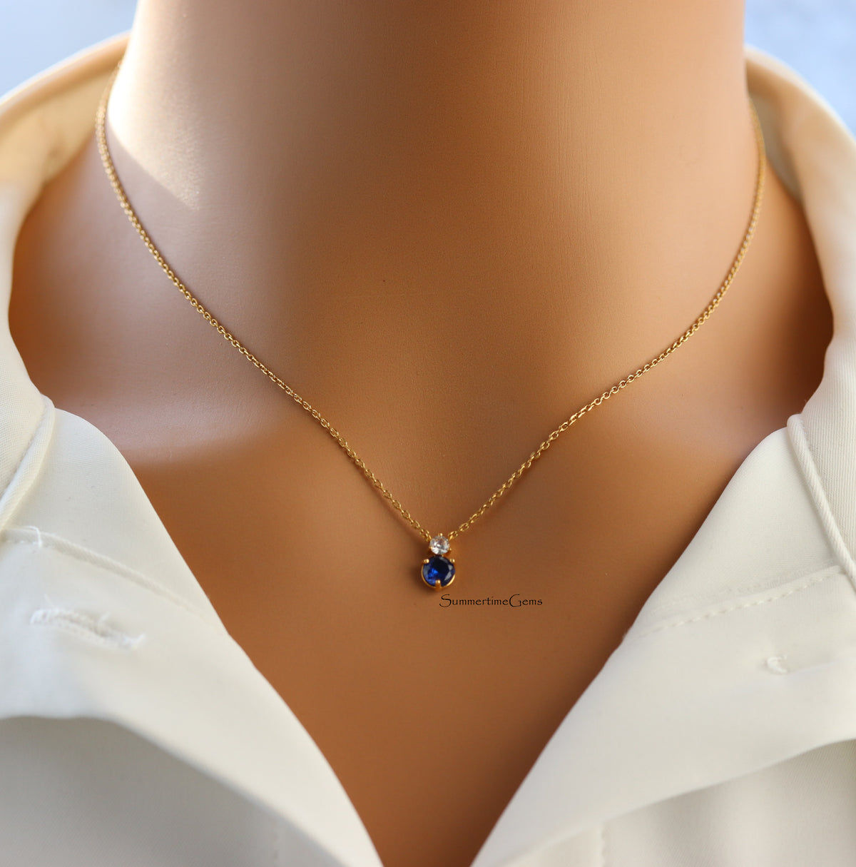 STG 18K Gold Plated September Sapphire Birthstone Pendant Necklace – Elegant Jewelry Gift for September Birthdays