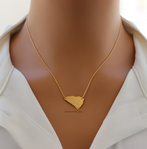 STG 18K Gold Plated Dainty Brushed South Carolina State Pendant Necklace – Minimalist State Pride Jewelry