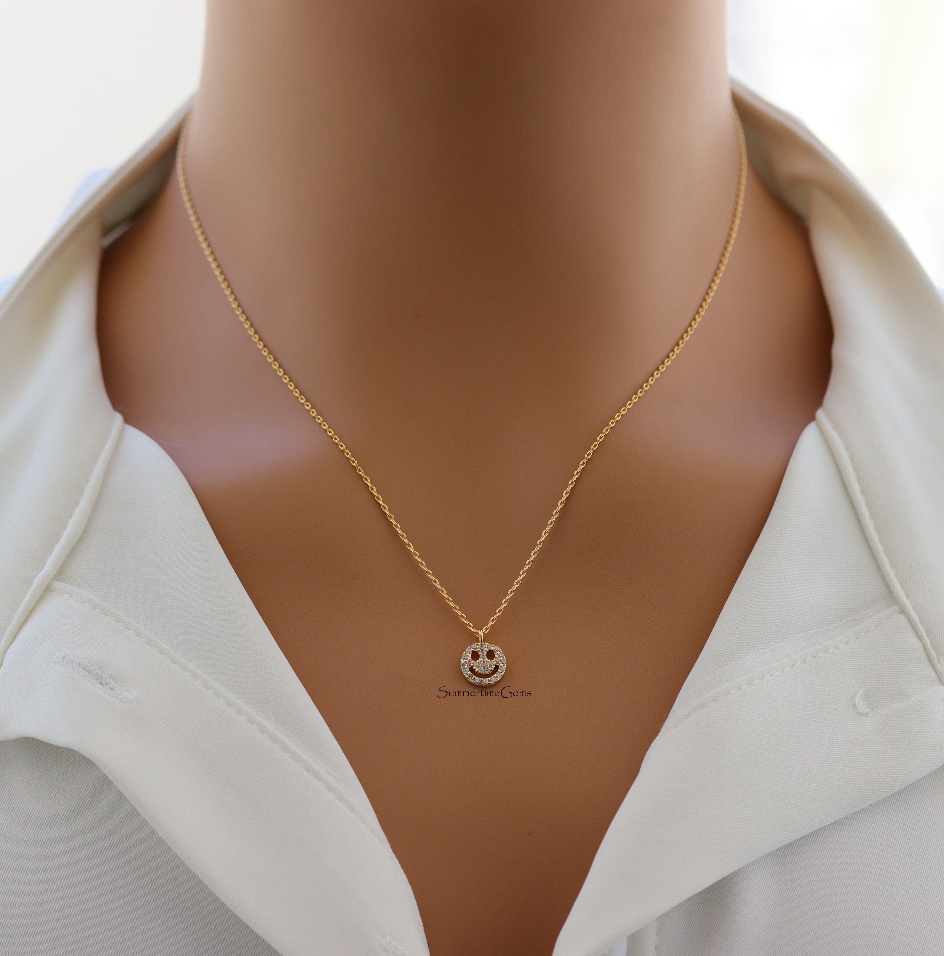 STG 14K Gold Plated CZ Smiley Face Pendant Necklace – Sparkly Happy Face Charm for Trendy Everyday Style