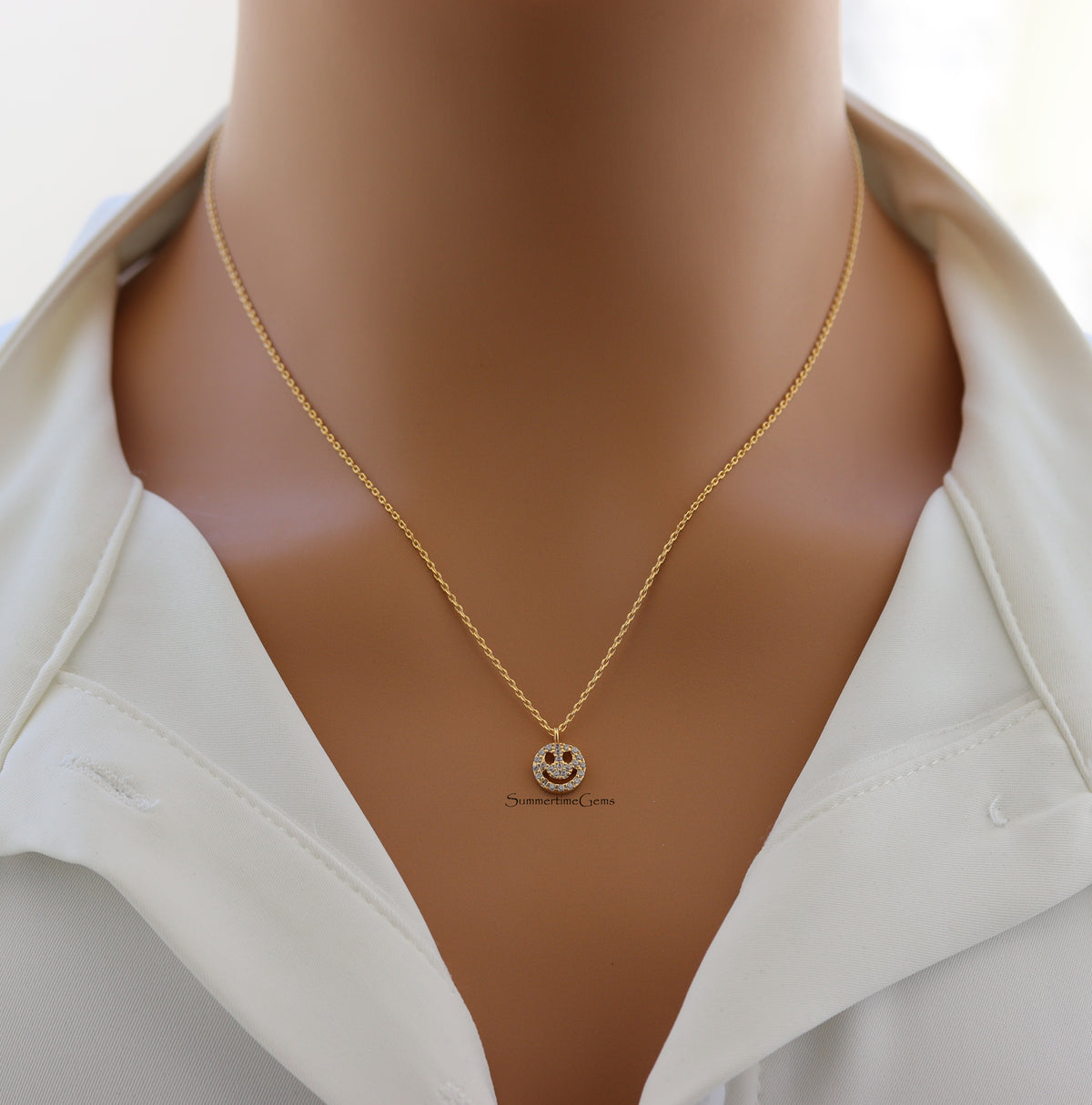 STG 14K Gold Plated CZ Smiley Face Pendant Necklace – Sparkly Happy Face Charm for Trendy Everyday Style