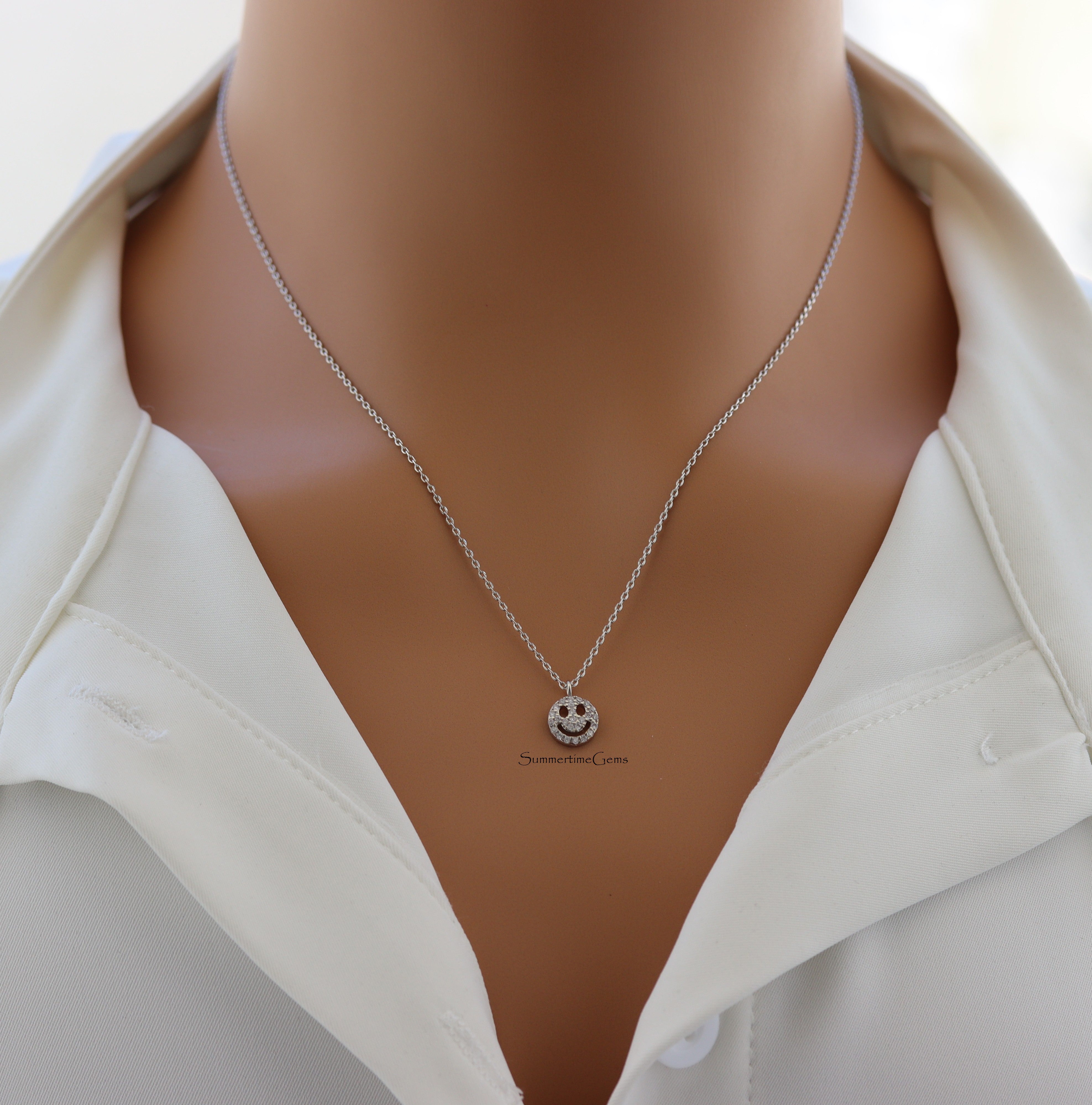 STG 14K Gold Plated CZ Smiley Face Pendant Necklace – Sparkly Happy Face Charm for Trendy Everyday Style