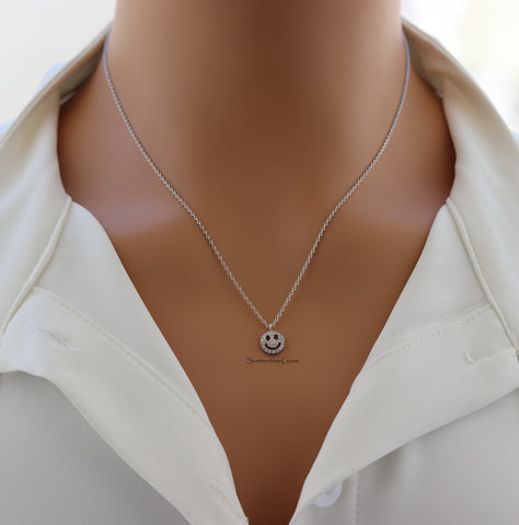 STG 14K Gold Plated CZ Smiley Face Pendant Necklace – Sparkly Happy Face Charm for Trendy Everyday Style