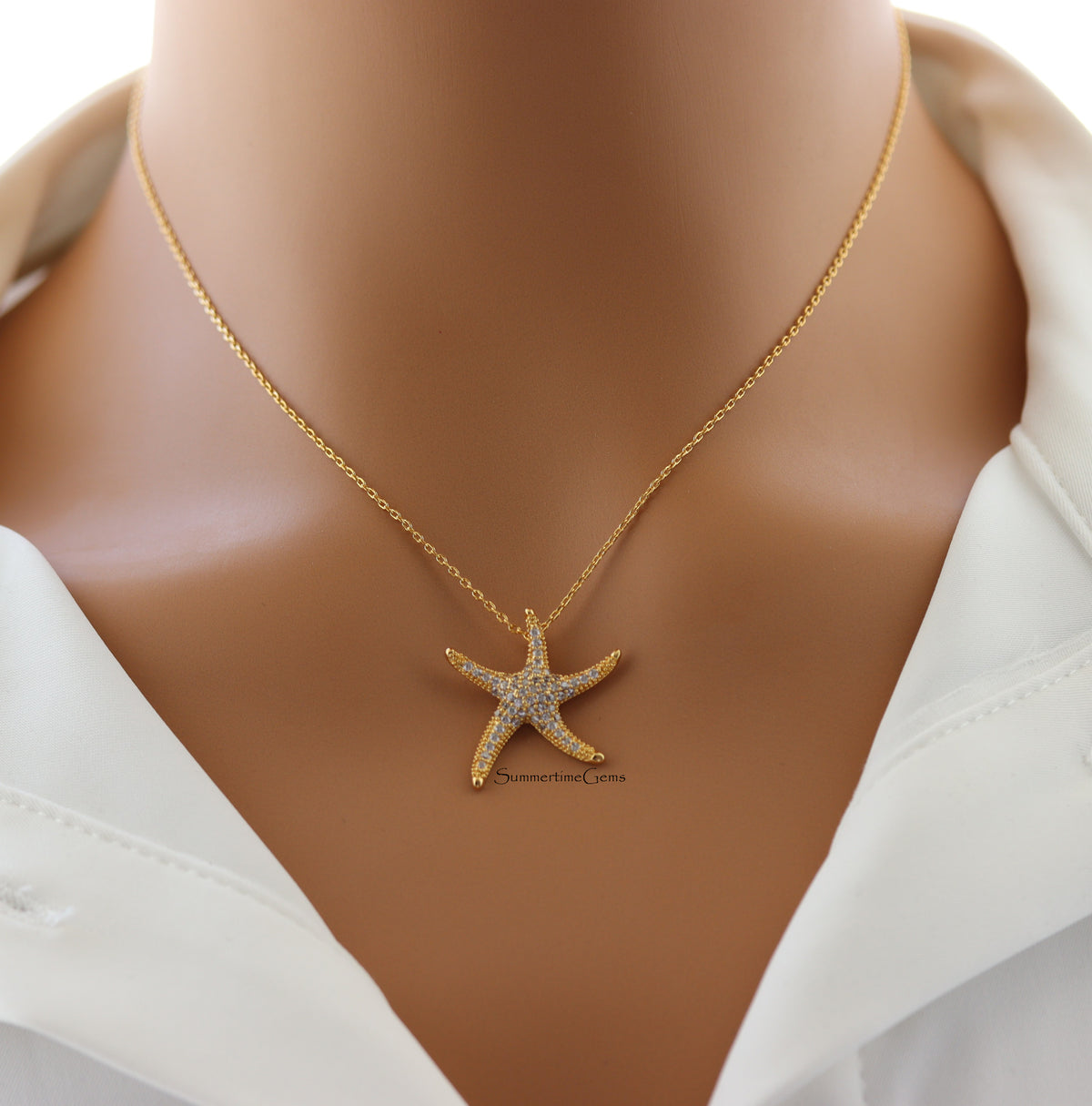 STG 18K Gold Plated Sparkly Crystal Starfish Pendant Necklace – Ocean-Inspired Beach Jewelry
