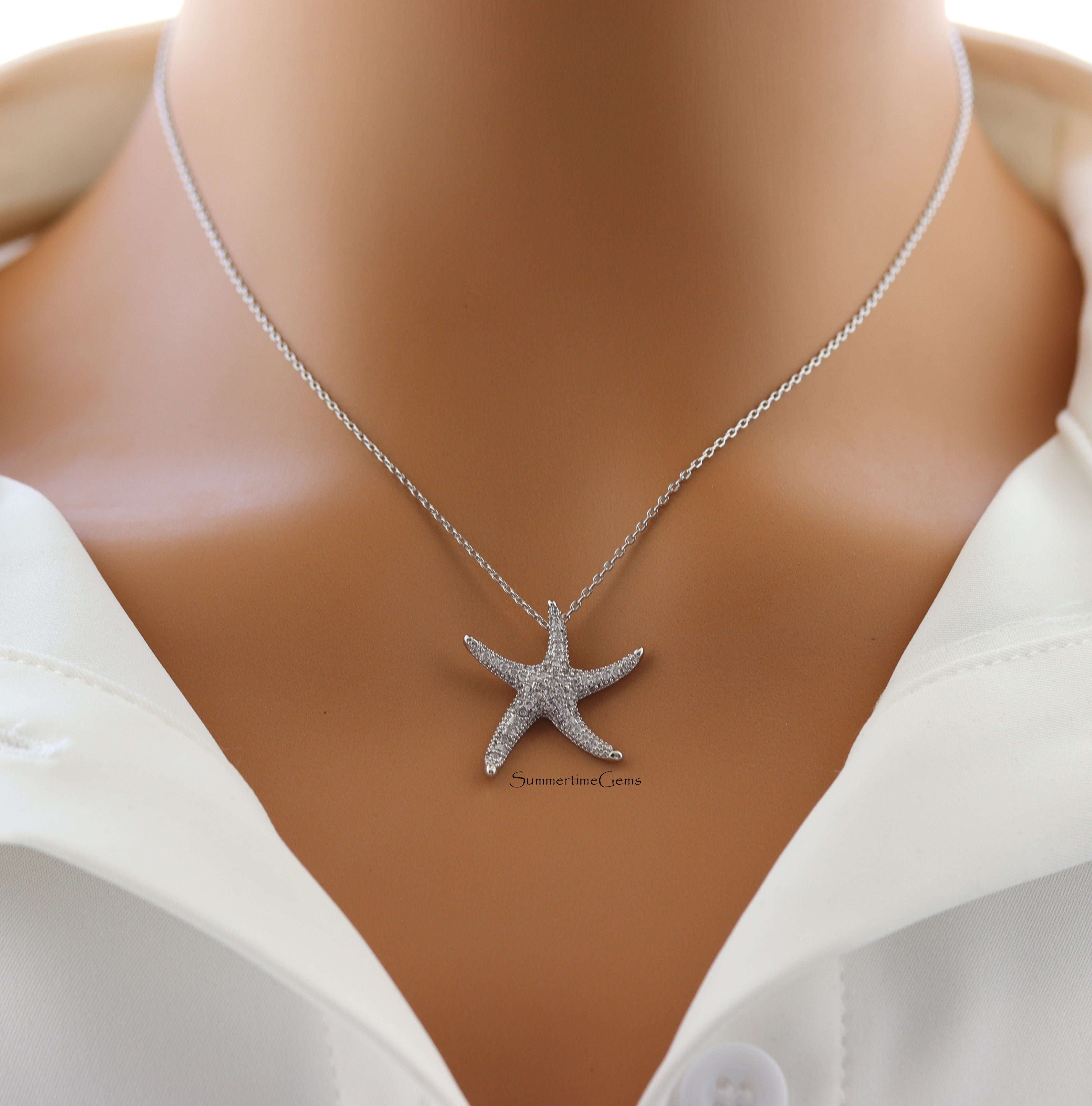 STG 18K Gold Plated Sparkly Crystal Starfish Pendant Necklace – Ocean-Inspired Beach Jewelry