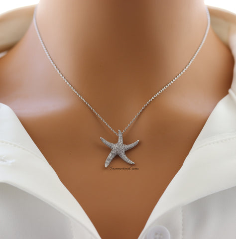 STG 18K Gold Plated Sparkly Crystal Starfish Pendant Necklace – Ocean-Inspired Beach Jewelry
