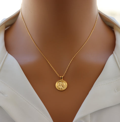 STG 18K Gold Plated St. Joseph Coin Pendant Necklace – Catholic Medal Jewelry for Protection, Faith & Fatherly Strength