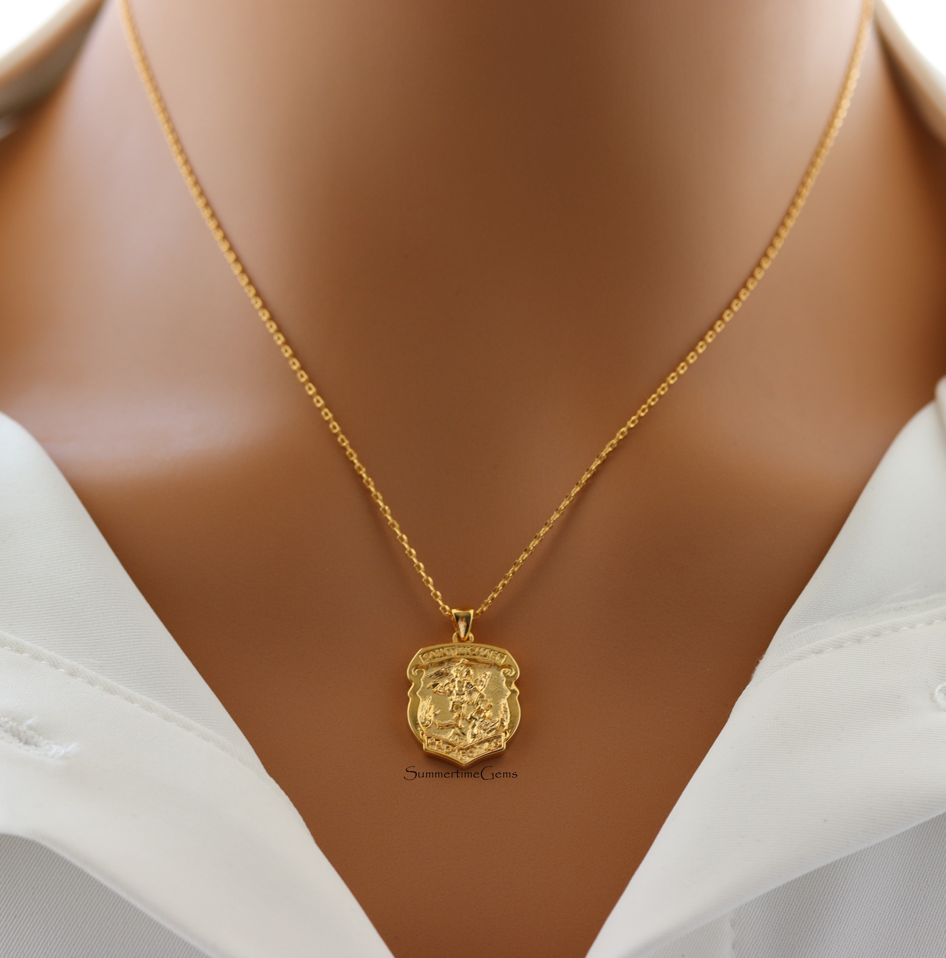 STG 18K Gold Plated St. Michael Medal Pendant Necklace – Protection & Faith Religious Jewelry