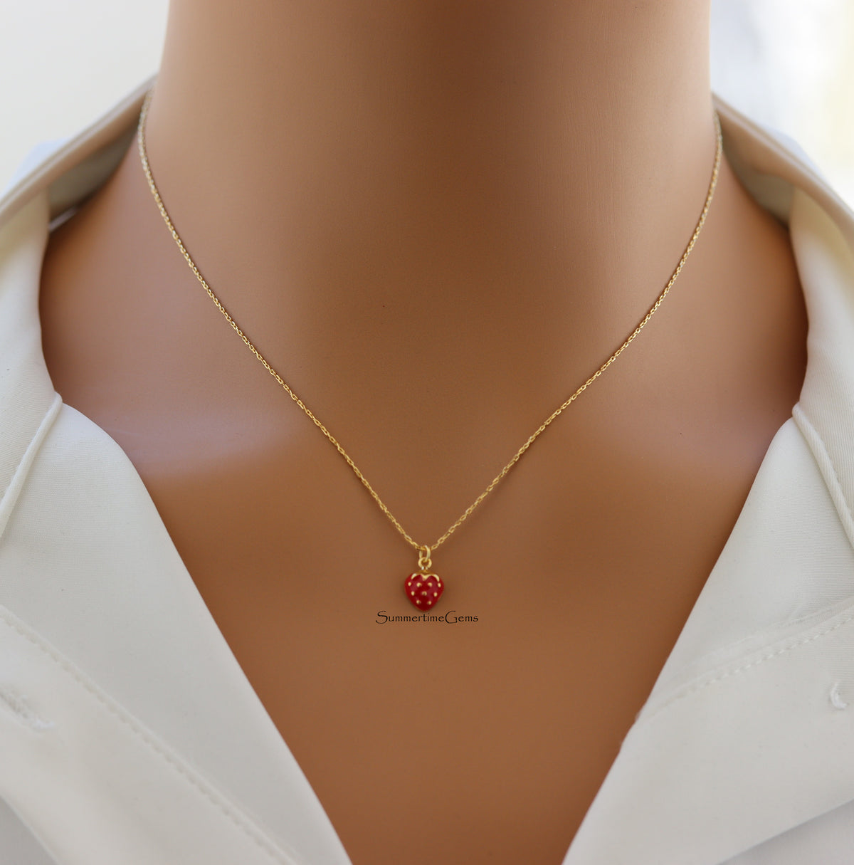STG 18K Gold Plated Epoxy Strawberry Pendant Necklace – Cute & Playful Fruit Jewelry for Everyday Style