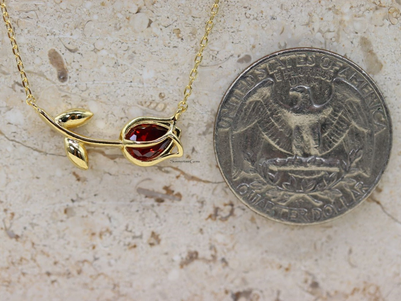 STG 18K Gold Plated January Garnet Tulip Pendant Necklace – Elegant Birthstone Jewelry for January Babies