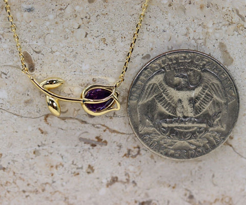 STG 18K Gold Plated February Amethyst Birthstone Tulip Pendant Necklace – Elegant Jewelry Gift for February Birthdays