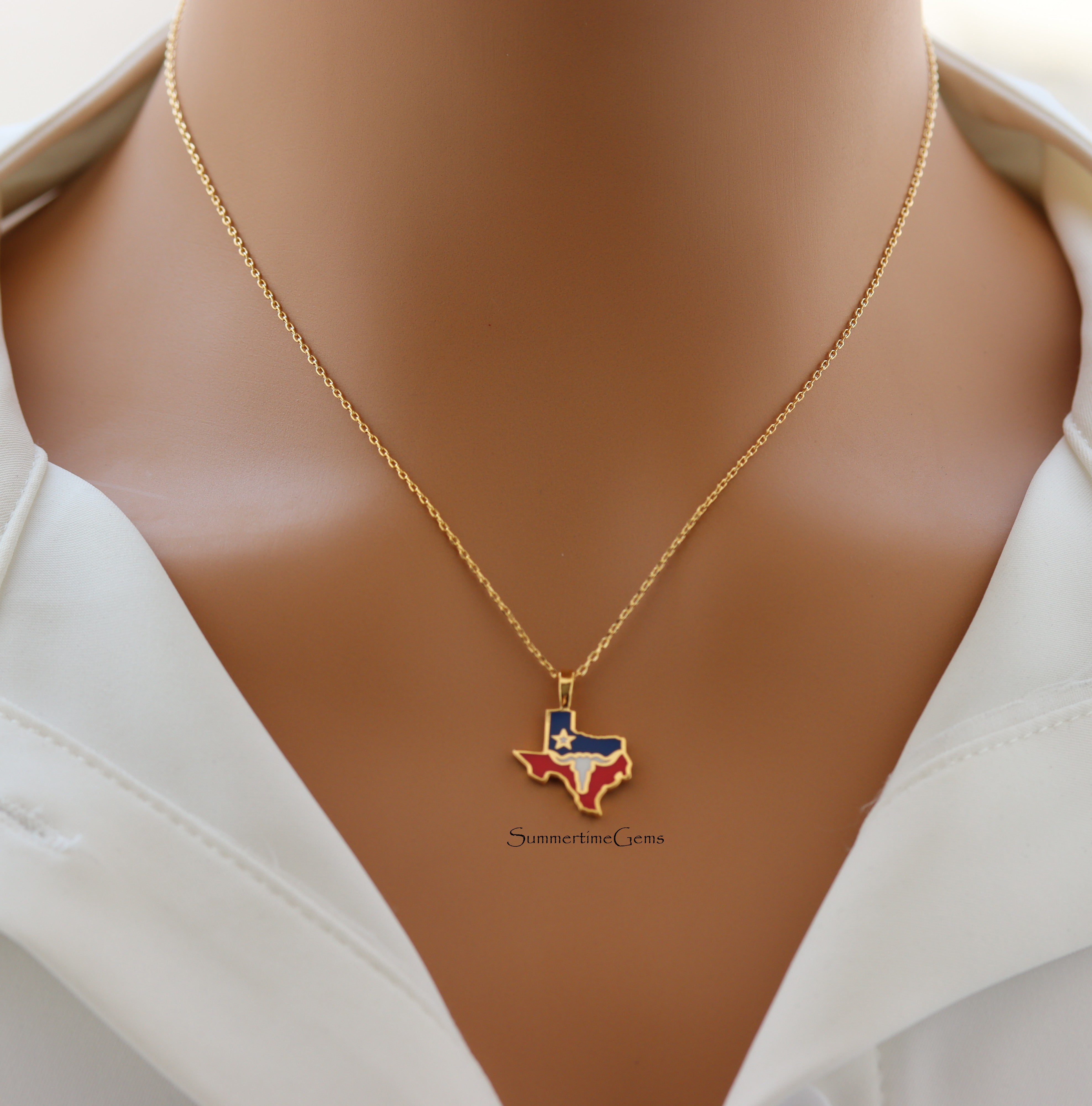 STG 18K Gold Plated Long Horn Texas State Pendant Necklace – Western-Inspired Jewelry for Texas Pride