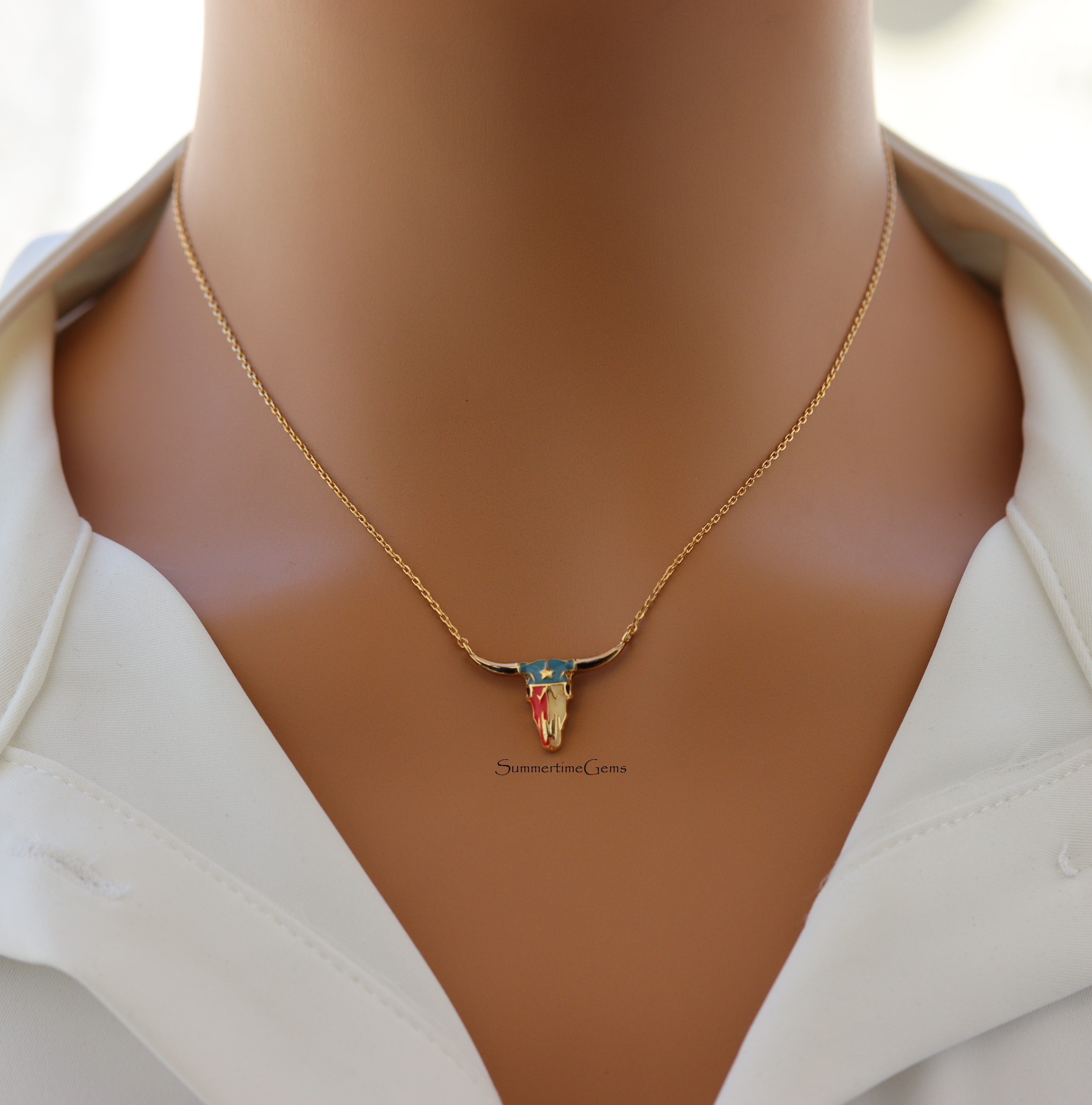 STG 18K Gold Plated Texas Bull Head Pendant Necklace – Western Rodeo Style Jewelry for Bold Looks