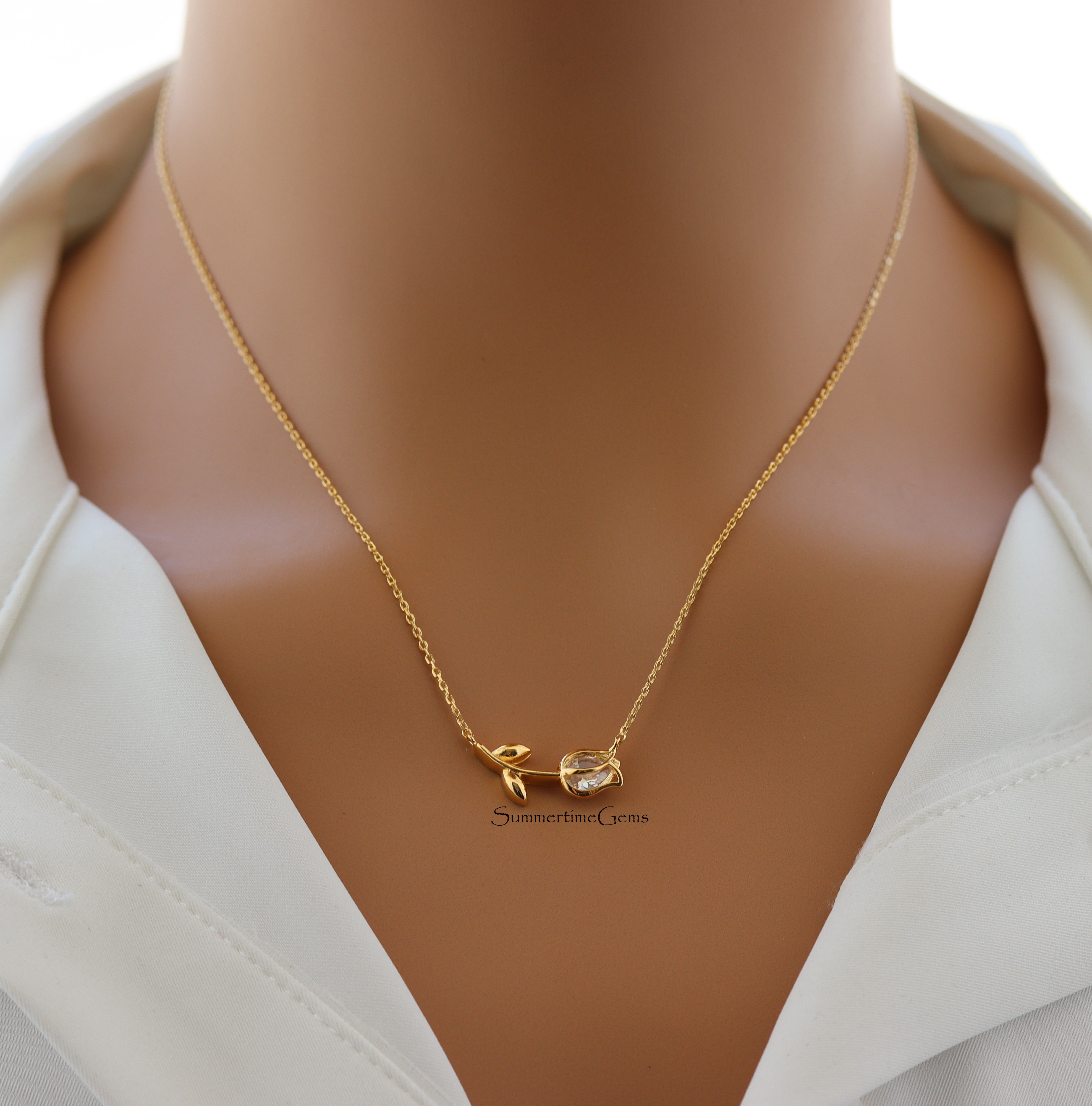 STG 18K Gold Plated April Diamond Birthstone Tulip Pendant Necklace – Elegant Gift for Her