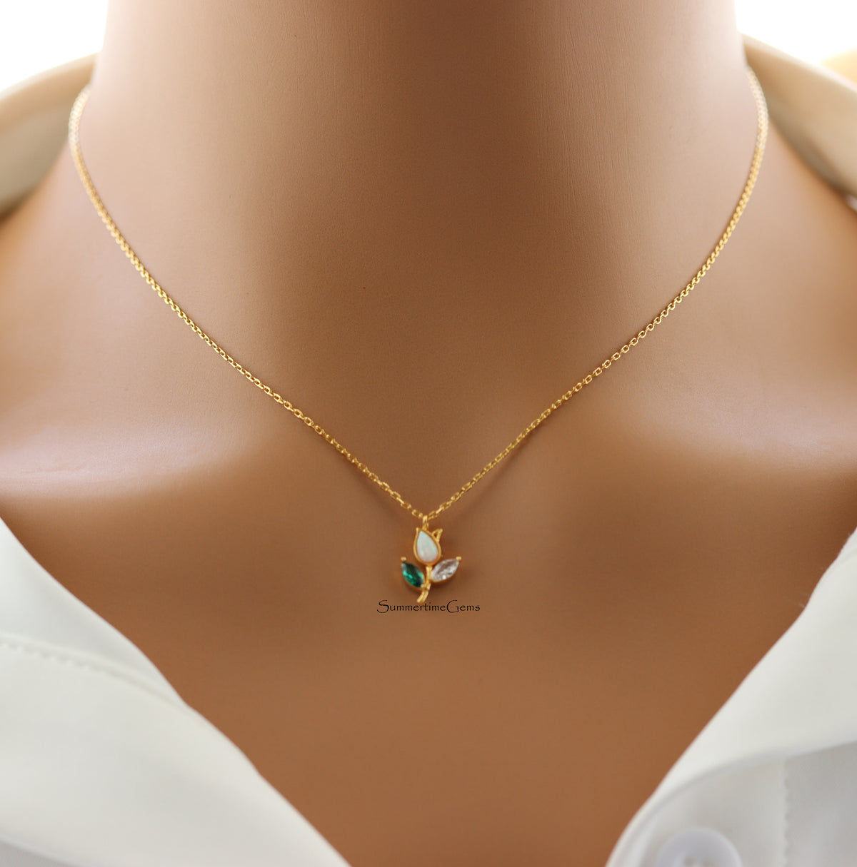 STG 18K Gold Plated Dainty Small Opal Mixed Gem Tulip Crystal Leaf Pendant Necklace – Elegant Nature-Inspired Jewelry for Everyday Glow