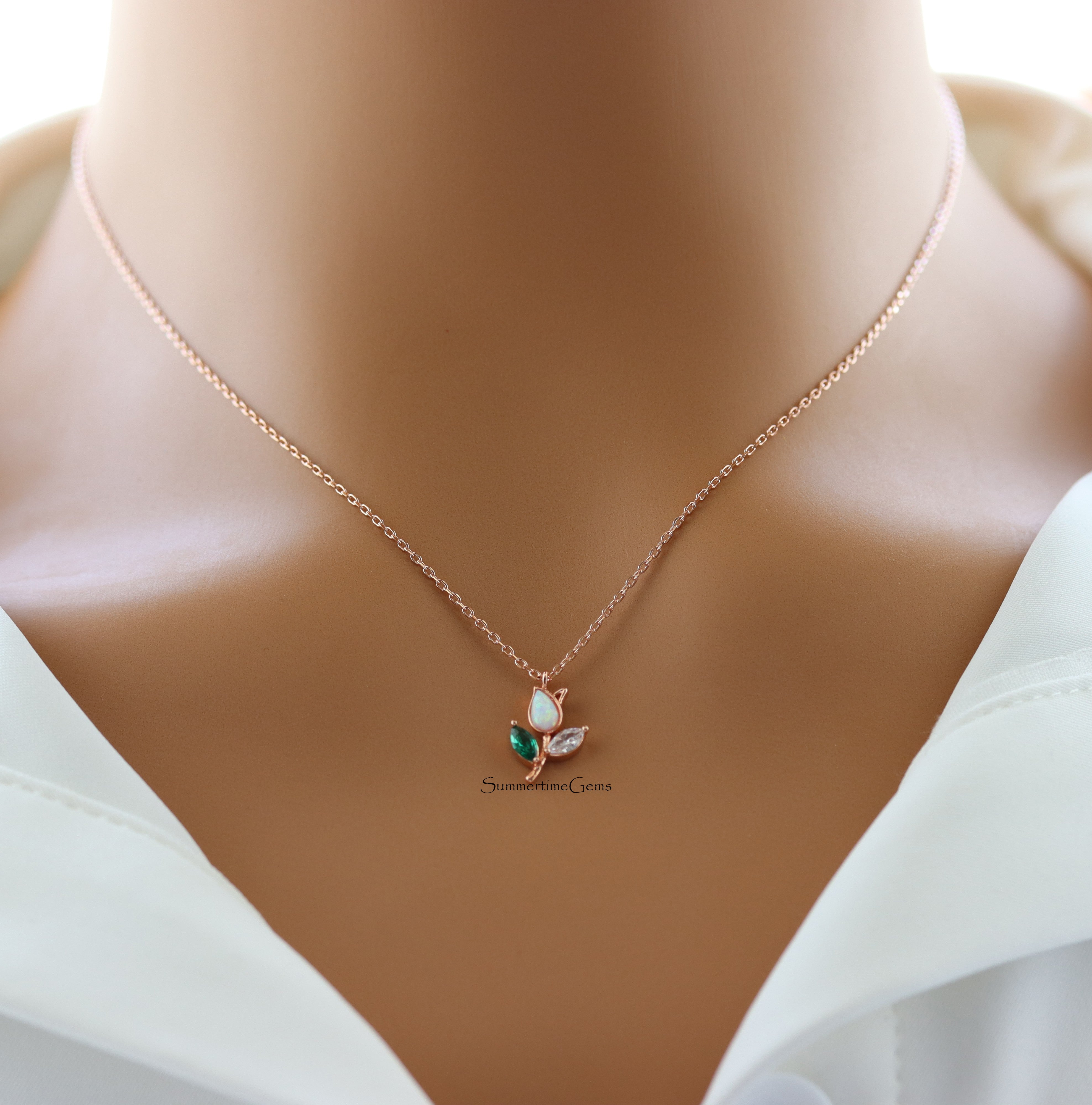 STG 18K Gold Plated Dainty Small Opal Mixed Gem Tulip Crystal Leaf Pendant Necklace – Elegant Nature-Inspired Jewelry for Everyday Glow